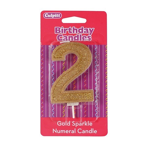 Number 2 Gold Glitter Birthday Candle