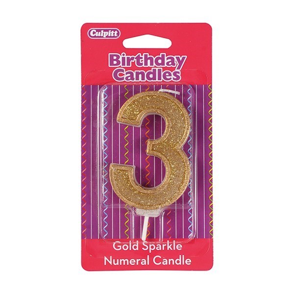 Number 3 Gold Glitter Birthday Candle