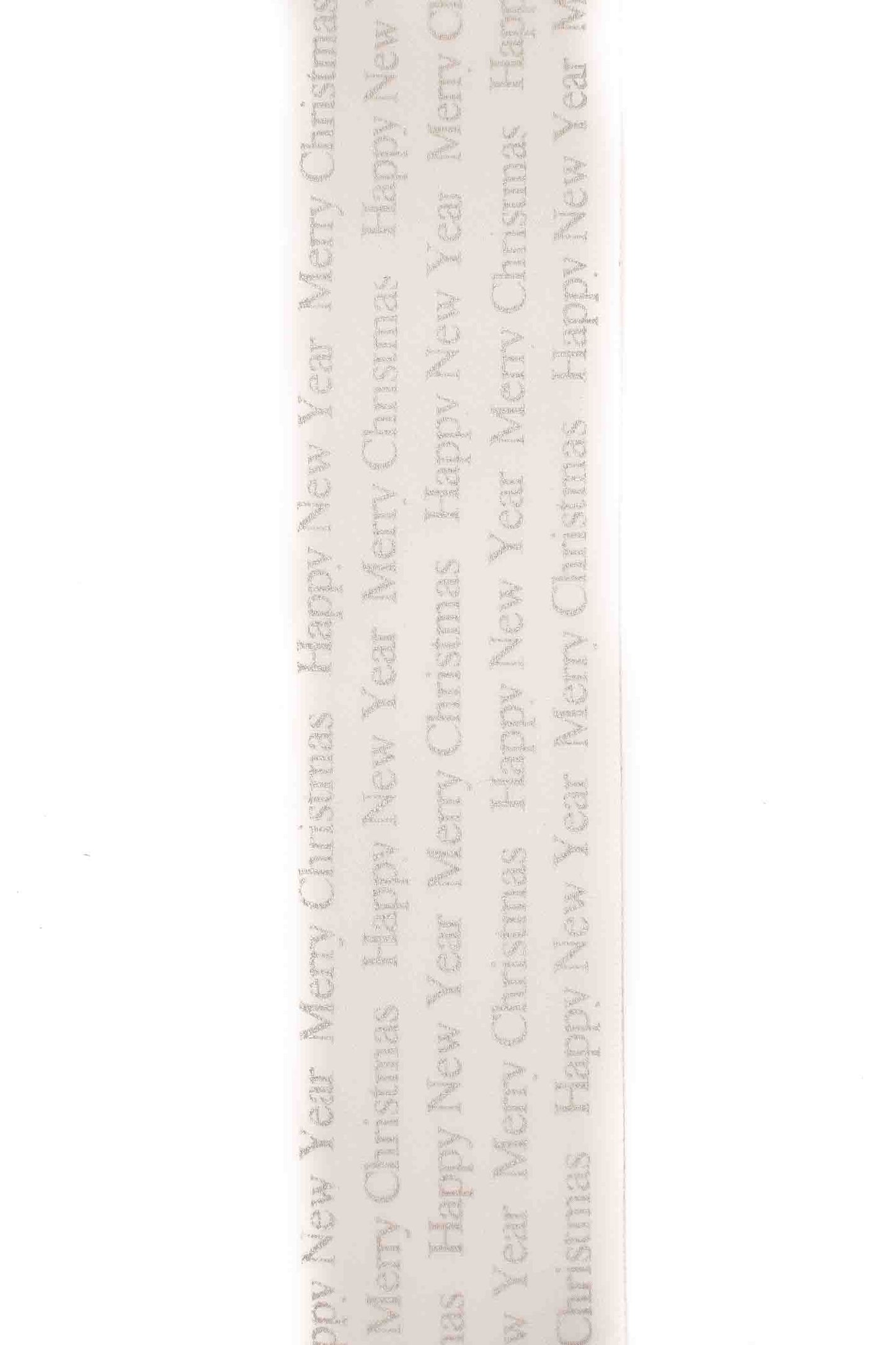 White Ribbon with Silver Merry Christmas and Happy New Year Designs - 38mm