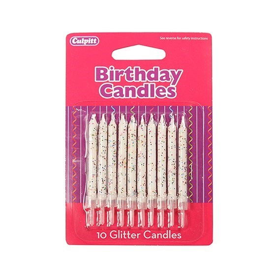 10 White Glitter Candles