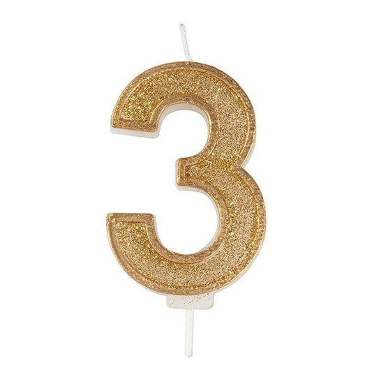 Number 3 Gold Glitter Birthday Candle