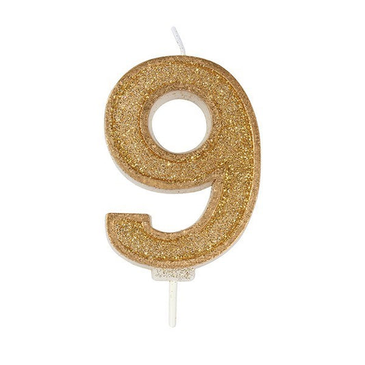 Number 9 Gold Glitter Birthday Candle