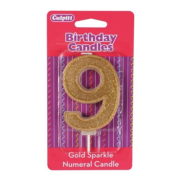 Number 9 Gold Glitter Birthday Candle