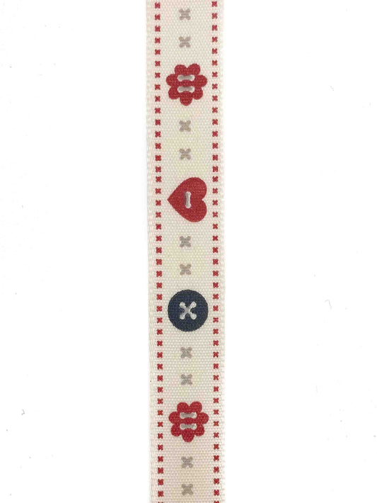 Button and Heart Cream Ribbon - 15mm