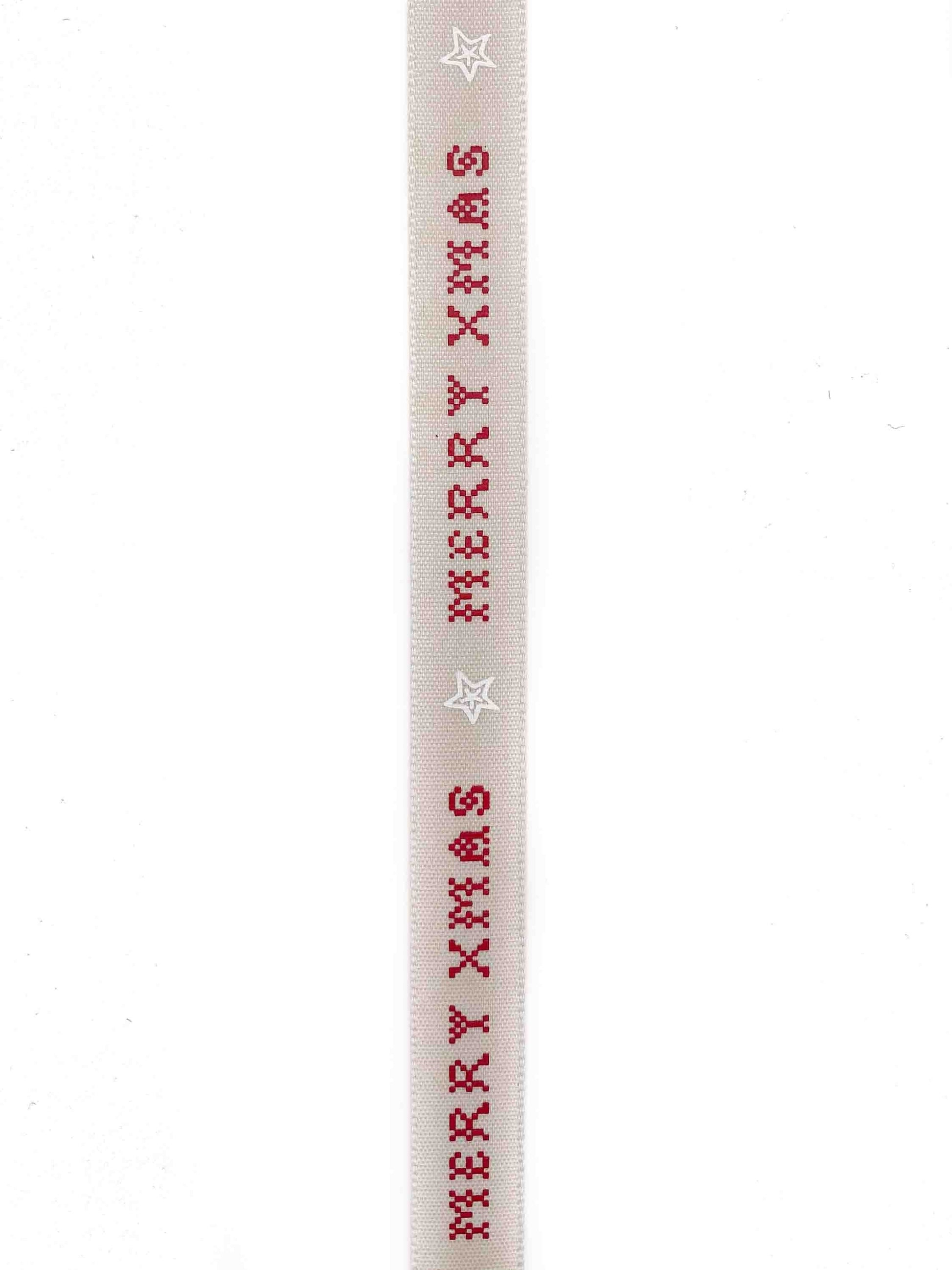 Cross-Stitched Merry Xmas Natural Ribbon - 15mm