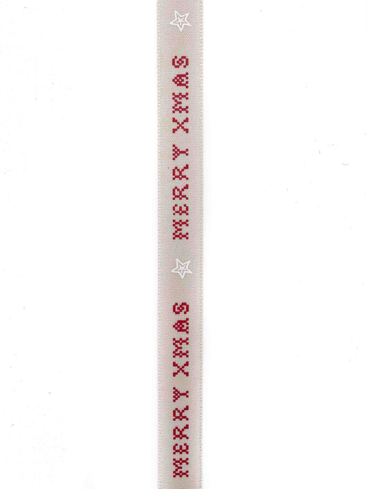 Cross-Stitched Merry Xmas Natural Ribbon - 15mm