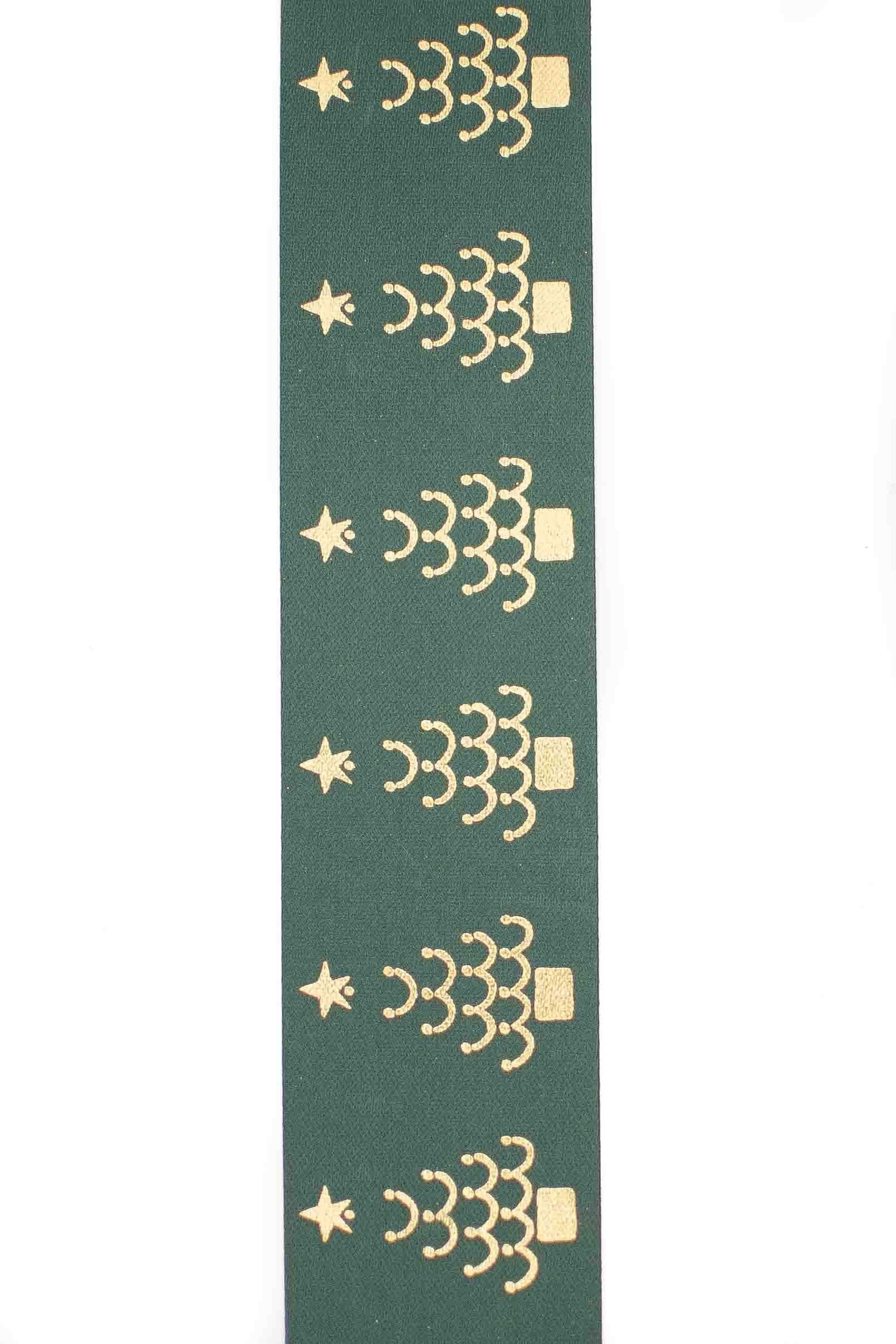 Dark Green Ribbon with Gold Christmas Tree Design - 25mm