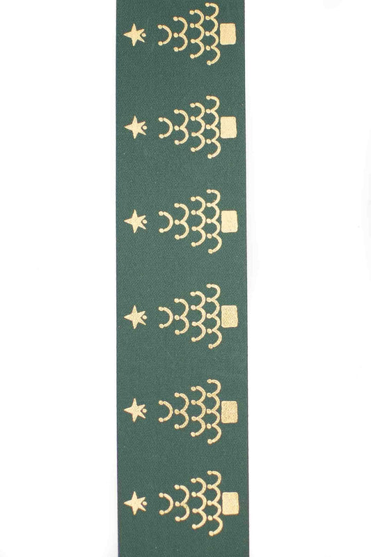 Dark Green Ribbon with Gold Christmas Tree Design - 25mm