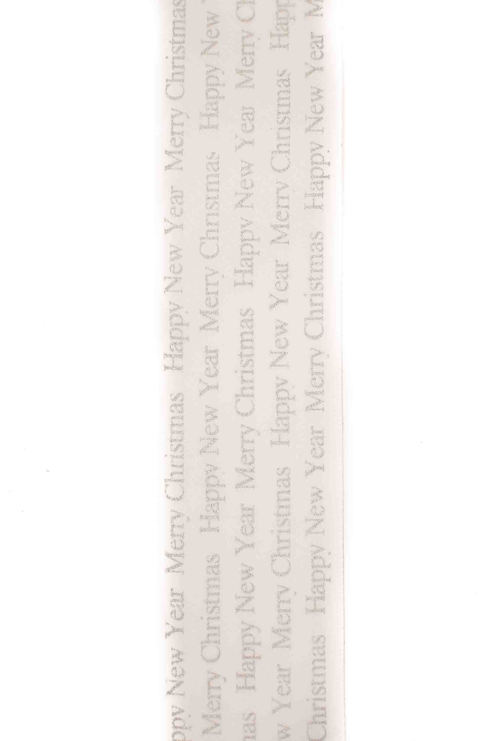 White Ribbon with Silver Merry Christmas and Happy New Year Designs - 38mm
