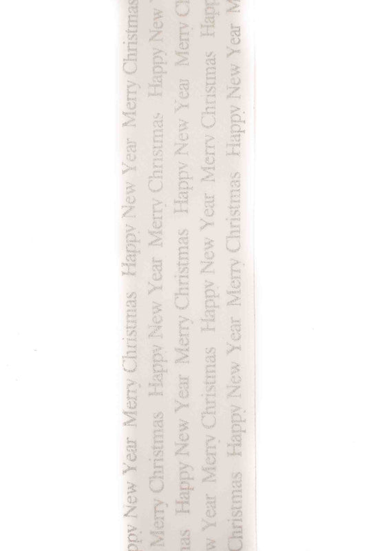 White Ribbon with Silver Merry Christmas and Happy New Year Designs - 38mm