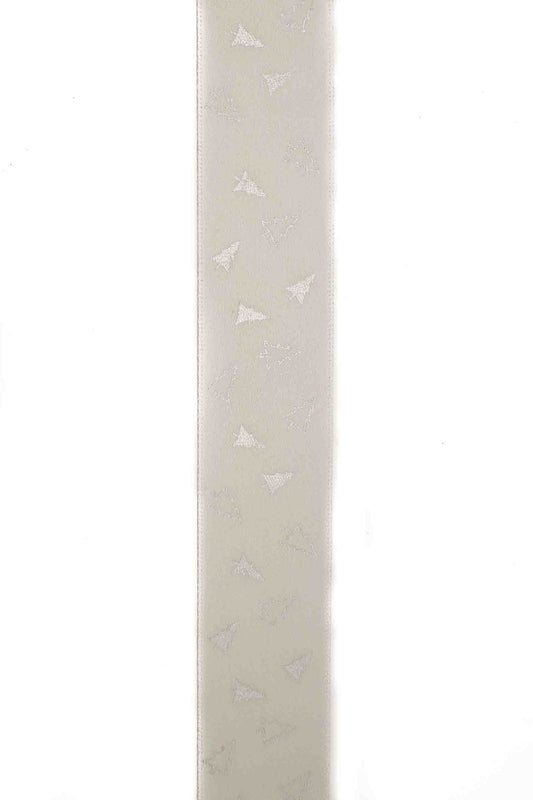 White Ribbon with a Scattered Silver Christmas Tree Design - 25mm